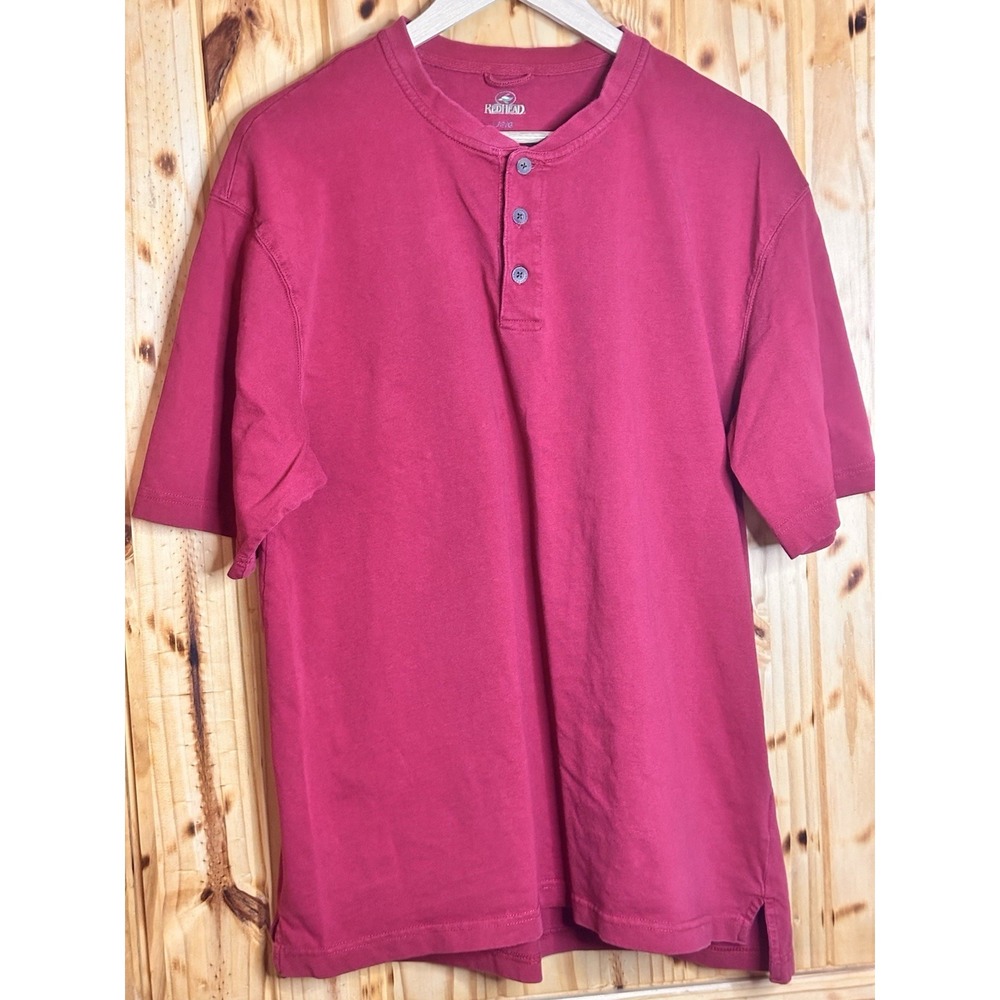 Redhead Men's Henley T-Shirt Short Sleeve LG Burgundy 100% Cotton Casual